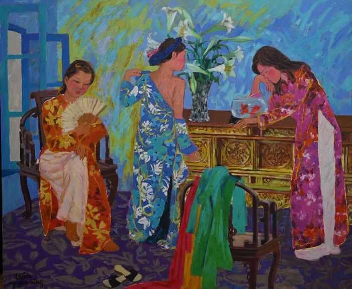 Ba cô gái trong phòng, sơn dầu, 2022.