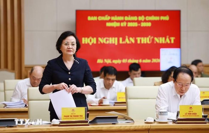 Phó Thủ tướng Phạm Thị Thanh Trà phát biểu tại Hội nghị lần thứ nhất Ban chấp hành Đảng bộ Chính phủ. (Ảnh: Dương Giang/TTXVN)