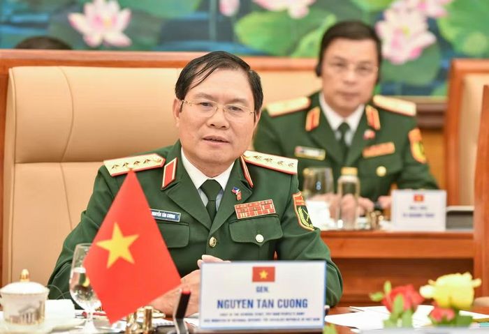Đại tướng Nguyễn Tân Cương, Thứ trưởng Bộ Quốc phòng tại hội đàm. (Ảnh: PV/Vietnam+)