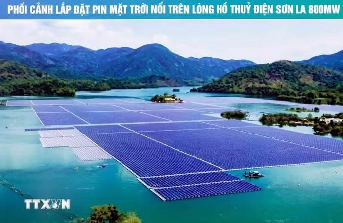 Phối cảnh lắp đặt pin Mặt Trời trên lòng hồ thủy điện Sơn La. (Ảnh: Quang Quyết/TTXVN)