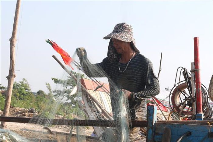 Ngư dân làng biển Thái Thịnh (xã Hải Châu, tỉnh Nghệ An) vất vả gỡ cá trích ra khỏi lưới trong thời điểm nắng nóng gay gắt.