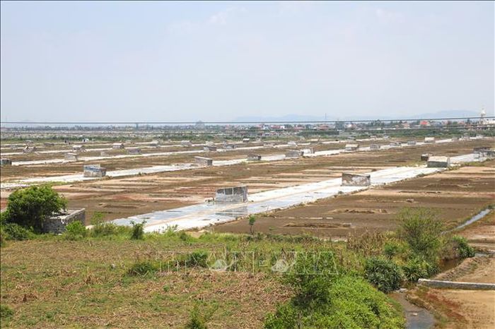 Đầu giờ chiều trời nắng gắt, cánh đồng muối xã Quỳnh Phú (tỉnh Nghệ An) vắng bóng người do diêm dân lùi thời gian ra đồng muối lao động, sản xuất.