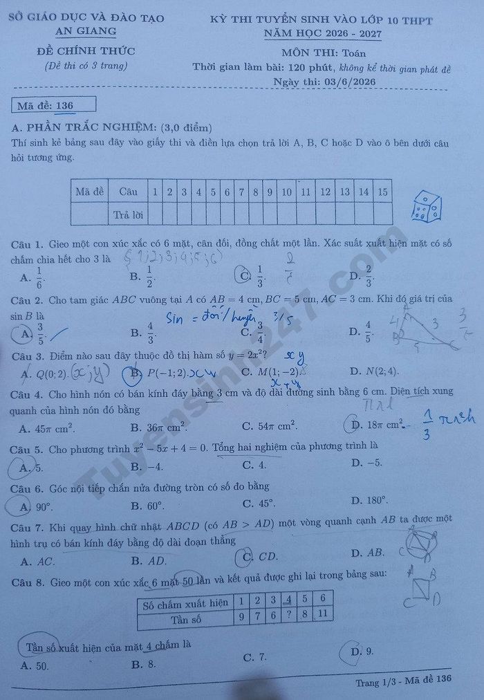 Đề thi môn Toán thi vào lớp 10 tại An Giang năm 2026