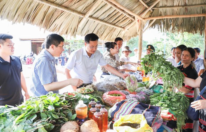Bí thư Thành ủy Lê Ngọc Quang tham quan chợ dân sinh. Ảnh: NGỌC PHÚ