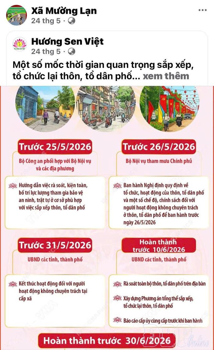 Trang Fanpage xã Mường Lạn tuyên truyền các mốc thời gian sắp xếp thôn, bản, tổ dân phố theo tinh thần chỉ đạo của Trung ương.