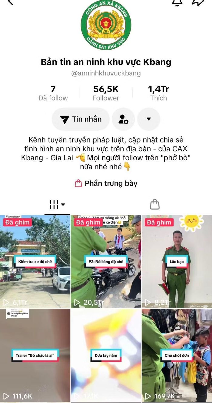  Kênh TikTok An ninh khu vực Kbang với nhiều clip triệu view. Ảnh chụp màn hình 