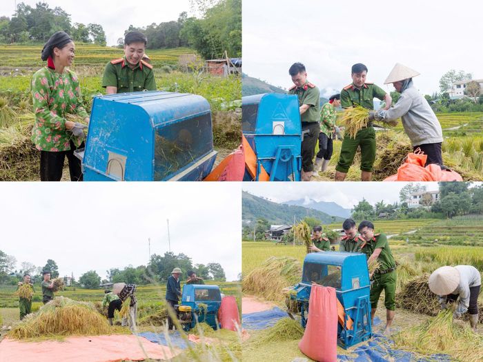 Công an xã Tân Tiến giúp người dân thu hoạch lúa tránh mưa bão.