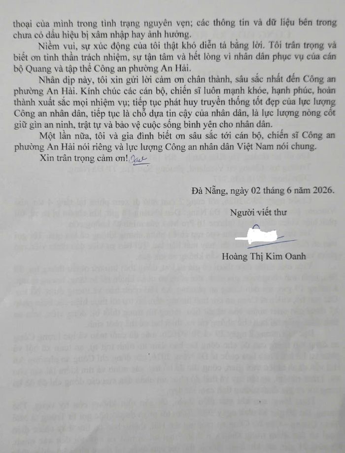 Thư cảm ơn của chị Hoàng Thị Kim Oanh gửi cán bộ chiến sĩ Công an phường An Hải.