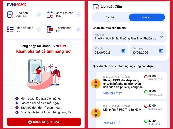 Đăng nhập app và vào mục Xem lịch cắt điện. (Ảnh chụp màn hình)