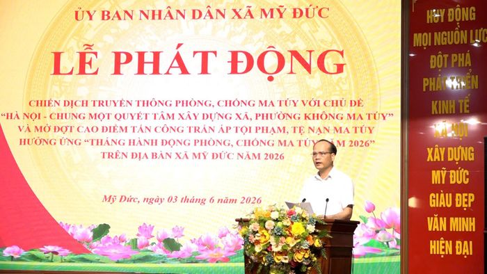 Phó Chủ tịch UBND xã Mỹ Đức Phạm Trọng Của phát biểu tại Hội nghị. Ảnh: Biên Phạm