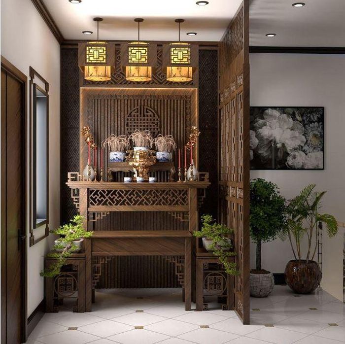 Có thể sử dụng một chiếc kệ nhỏ đặt ở cạnh tủ hoặc bàn thờ trong phòng thờ nếu sử dụng cây cảnh nhỏ.