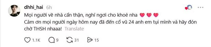  Đặng Hồng Hải gửi lời cảm ơn đến những khán giả đã có mặt cổ vũ cho 24 Anh trai. 
