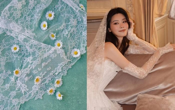 Khăn voan thêu tên và ngày cưới của hai vợ chồng Hề Mộng Dao. Ảnh: Instagram Mingxi