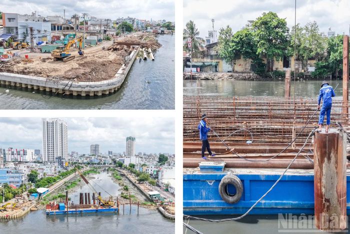 Theo ghi nhận của phóng viên, đơn vị thi công triển khai công trình kết nối hai tuyến đường Hoài Thanh và Nguyễn Duy dọc bờ bắc kênh Đôi.
