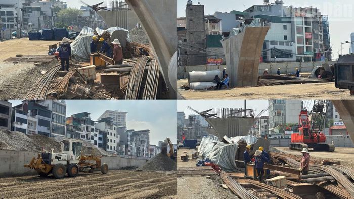 Tại công trường, hàng loạt máy móc, thiết bị hiện đại được huy động cùng hàng trăm công nhân tổ chức thi công liên tục, khẩn trương triển khai các hạng mục cầu vượt và hạ tầng kỹ thuật nhằm đẩy nhanh tiến độ dự án.