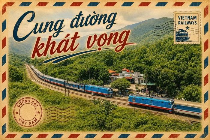 Mặt trước của một tấm bưu thiếp là tác phẩm của nhiếp ảnh gia Quang Tuấn tác nghiệp khoảnh khắc 2 đoàn tàu "gặp nhau" ở ga Hải Vân Bắc.