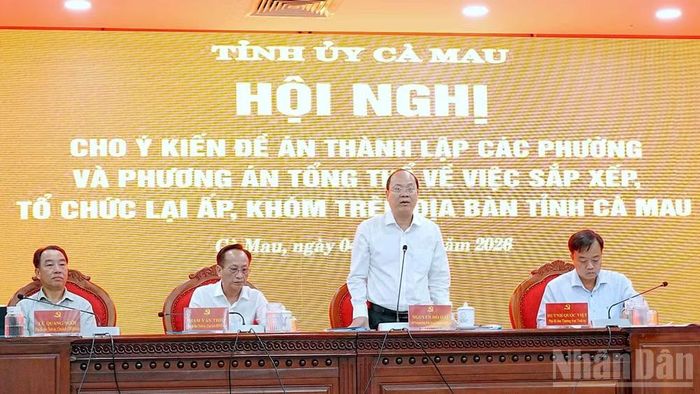Đồng chí Nguyễn Hồ Hải, Ủy viên Trung ương Đảng, Bí thư Tỉnh ủy Cà Mau (đứng) phát biểu tại hội nghị.