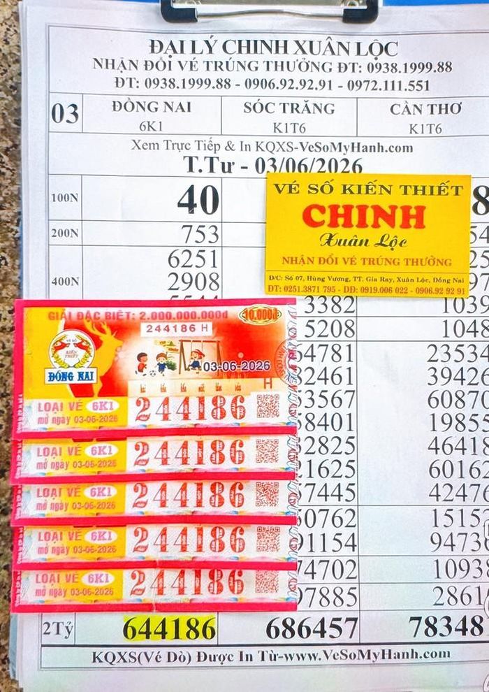 Giải độc đắc và giải an ủi của vé số Đồng Nai trúng tại Đồng Nai. Ảnh: ĐLVS Nguyễn Văn Lâm, Chinh