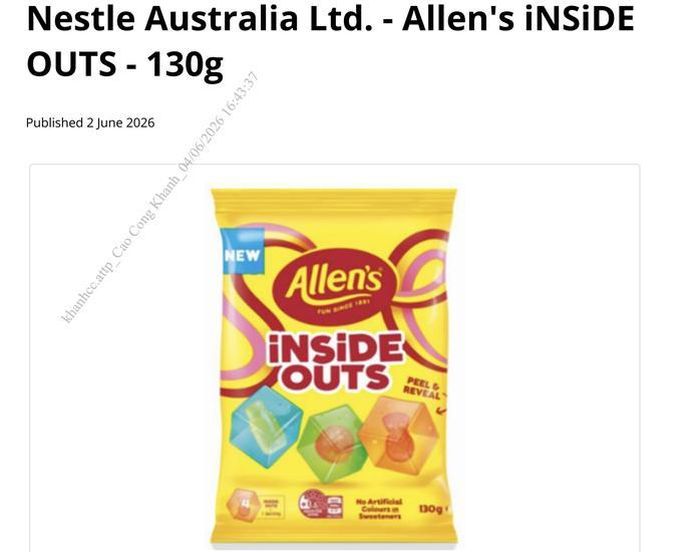 Kẹo Allen’s INSIDE OUTS 130g bị thu hồi do phát hiện có dị vật. Ảnh: VFA