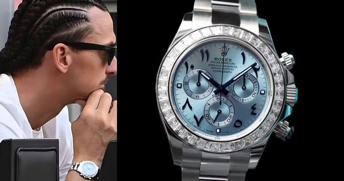 Cuối cùng là chiếc Rolex Daytona Arabic Dial (Ref. 116576TBR-0005), gây ấn tượng mạnh nhờ các cọc số bằng chữ Ả Rập nổi bật trên nền mặt số khảm trai. Được chế tác từ vàng trắng 18k cao cấp, siêu phẩm này còn được nạm kim cương và đá quý trên vành bezel và dây đeo, tạo nên một chỉnh thể xa hoa và lộng lẫy bậc nhất. Là sự giao thoa hoàn hảo giữa di sản văn hóa, nghệ thuật kim hoàn và kỹ nghệ cơ khí đỉnh cao. Đây được xem như một tuyên ngôn đanh thép cho phong cách độc bản và không thể thay thế cầu thủ người Thụy Điển. (Ảnh: Rubber B)