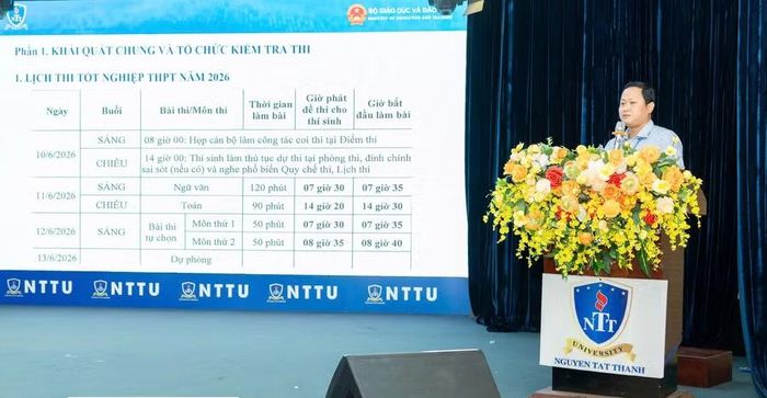 Hội nghị tập huấn kiểm tra coi thi Kỳ thi tốt nghiệp THPT 2026 tại Trường Đại học Nguyễn Tất Thành. Ảnh: NTTU.