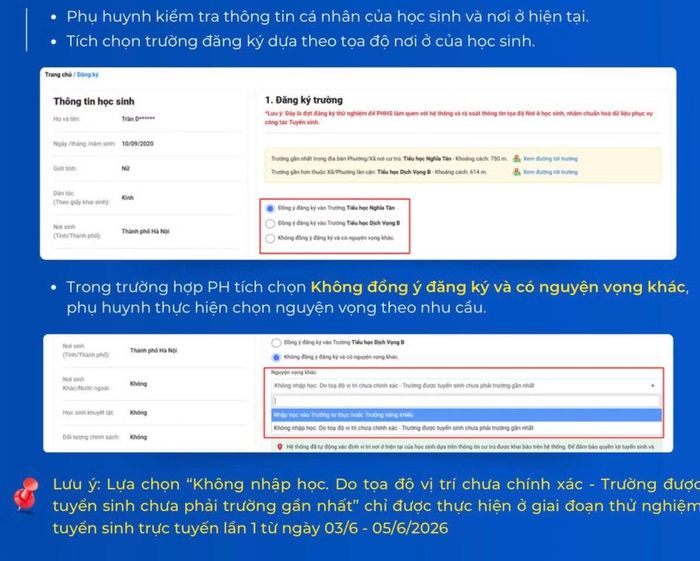 Khi phụ huynh đăng nhập thông tin, hệ thống sẽ hiển thị trường học gần nhất để lựa chọn