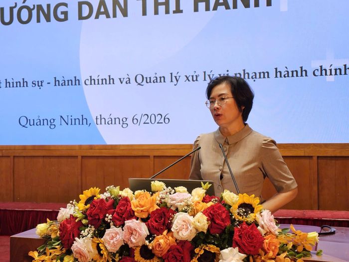 Đại diện Cục Pháp luật hình sự - hành chính và Quản lý xử lý vi phạm hành chính, Bộ Tư pháp phổ biến tuyên truyền tại hội nghị. (Ảnh: TV)