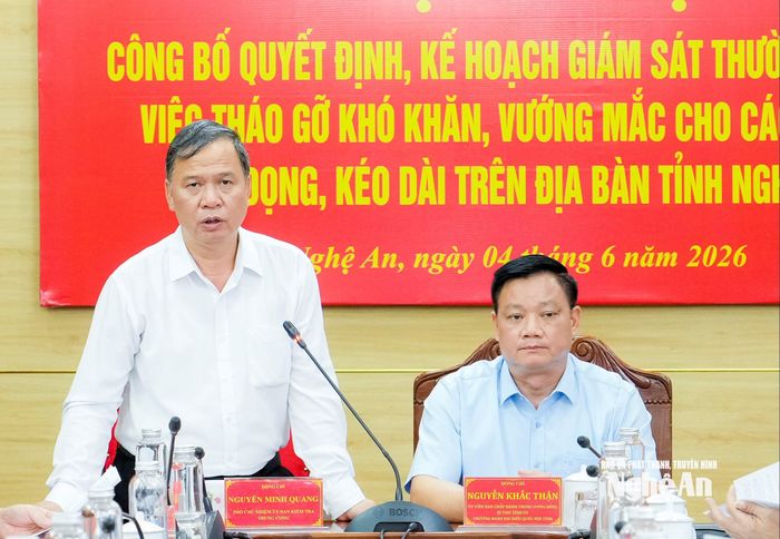 Đồng chí Nguyễn Minh Quang - Phó Chủ nhiệm Ủy ban Kiểm tra Trung ương phát biểu tại hội nghị. Ảnh: Phạm Bằng