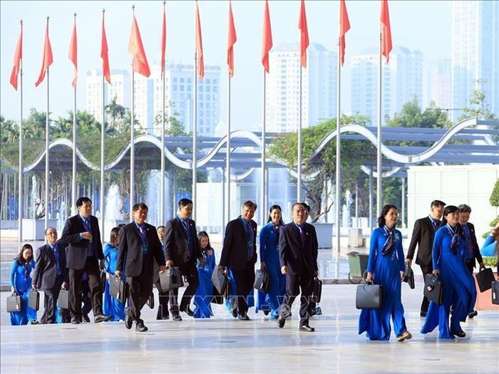 Các đại biểu đến dự Phiên làm việc trọng thể Đại hội XIV Công đoàn Việt Nam. Ảnh: Tuấn Anh/TTXVN