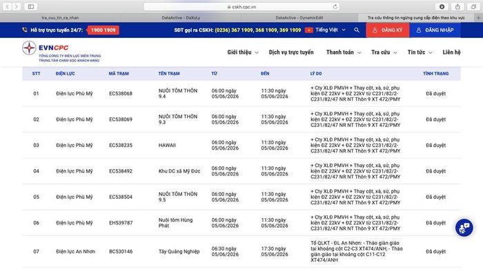 Lịch cắt điện Gia Lai ngày mai 5/6 trên website của EVNCPC cập nhật 9h30 ngày 4/6. Ảnh: Bnews/vnanet.vn