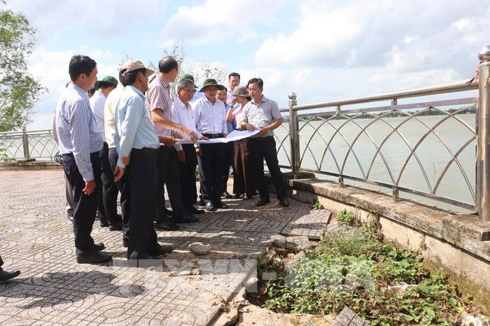Đoàn công tác khảo sát thực tế tuyến Kè sông Cổ Chiên đoạn qua phường Tân Ngãi (Vĩnh Long). Ảnh: Huỳnh Phúc Hậu - TTXVN