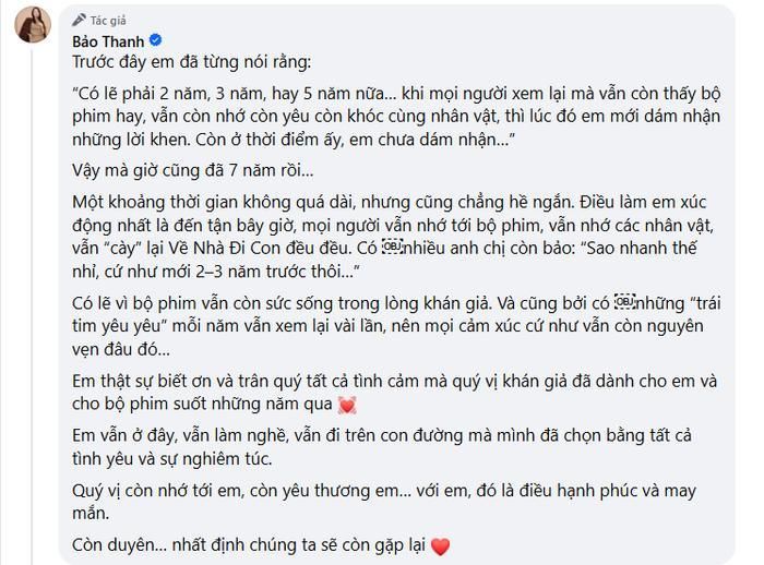 Bảo Thanh xúc động khi các nhân vật của bộ phim vẫn nhận được tình cảm bền bỉ từ người xem.