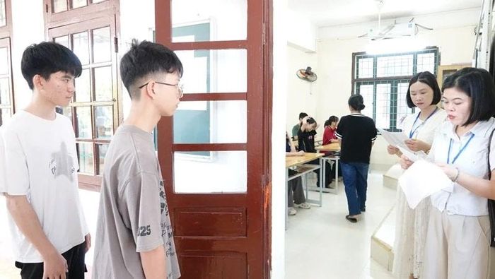 Hội đồng thi Trường THPT Hàm Rồng điểm danh thí sinh đến làm thủ tục dự thi.