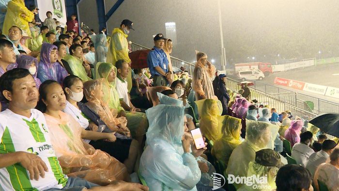 Đông đảo người hâm mộ đến sân xem và cổ vũ cho các cầu thủ đội nhà thi đấu trong cơn mưa lớn. Ảnh: Văn Đoàn