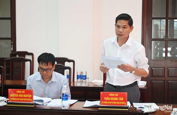 Ông Trần Hoàng Tâm, Phó Trưởng ban Pháp chế, HĐND thành phố phát biểu tại buổi giám sát. Ảnh: Phạm Quang