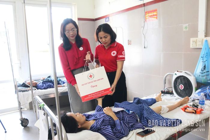 Lãnh đạo Hội Chữ thập đỏ tỉnh trao quà, động viên chị Tô Thị Kiển