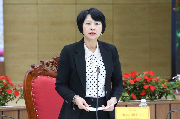 Đồng chí Phạm Thị Phúc, Phó Bí thư Tỉnh ủy, Chủ tịch Ủy ban MTTQ Việt Nam tỉnh phát biểu tại hội nghị