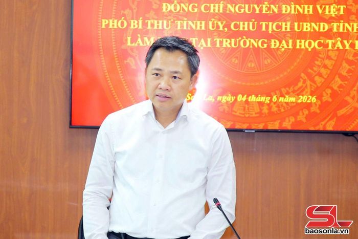 Đồng chí Nguyễn Đình Việt, Phó Bí thư Tỉnh ủy, Chủ tịch UBND tỉnh phát biểu tại cuộc làm việc.