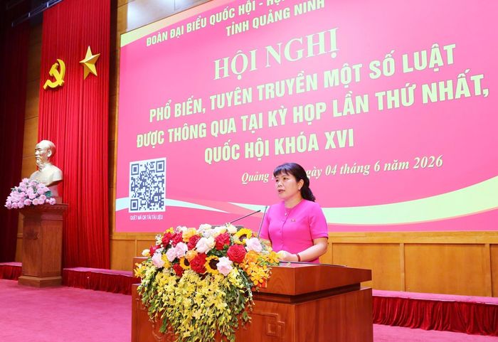Phó trưởng Đoàn chuyên trách Đoàn ĐBQH tỉnh Quảng Ninh Nguyễn Thị Thu Hà phát biểu tại hội nghị