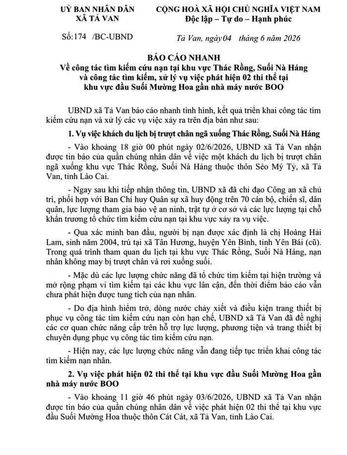 Văn bản thông báo vụ việc của UBND xã Tả Van (Lào Cai). Ảnh: CTV
