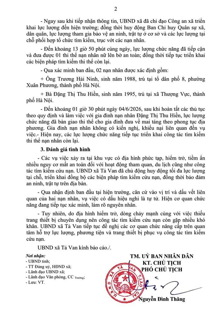 Văn bản thông báo vụ việc của UBND xã Tả Van (Lào Cai). Ảnh: CTV