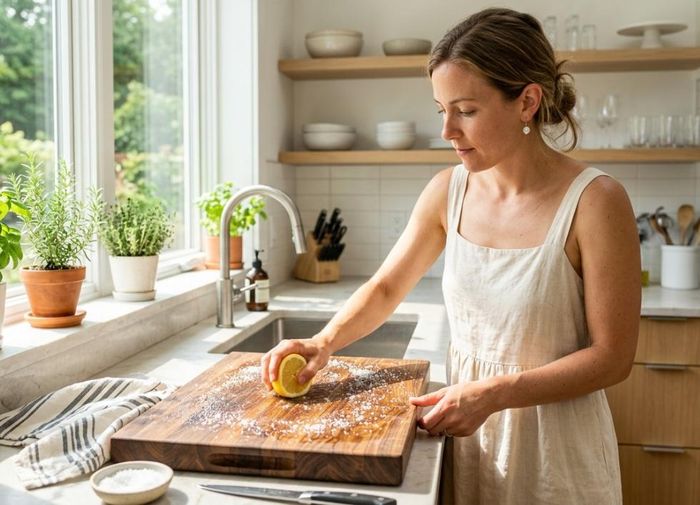 Chỉ với muối hạt và chanh, bạn có thể vệ sinh thớt gỗ bị mốc một cách nhanh chóng. Ảnh: HTC