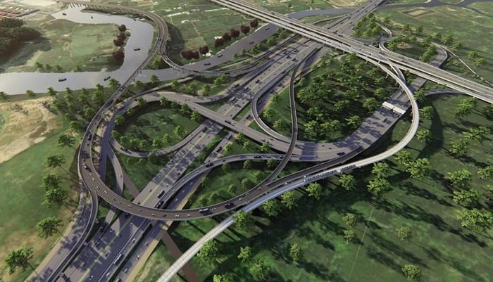 Phối cảnh nút giao đường liên cảng với cao tốc TP HCM - Long Thành - Dầu Giây và Vành đai 3 khi hoàn thành. (Nguồn: Sở Xây dựng TP.HCM)
