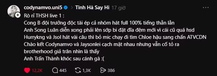 Bài đăng "trần thông biển" hài hước của Cody Nam Võ.