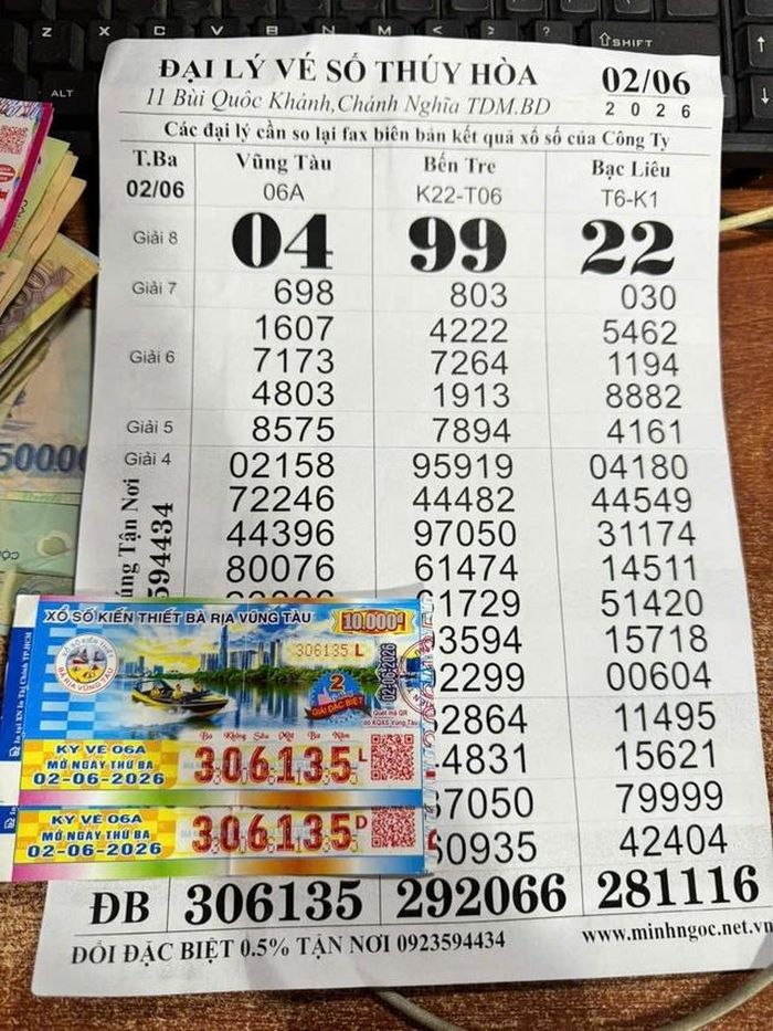  2 tờ vé số trúng độc đắc xổ số miền Nam ngày 2/6. Ảnh: Đại lý vé số Thúy Hòa.