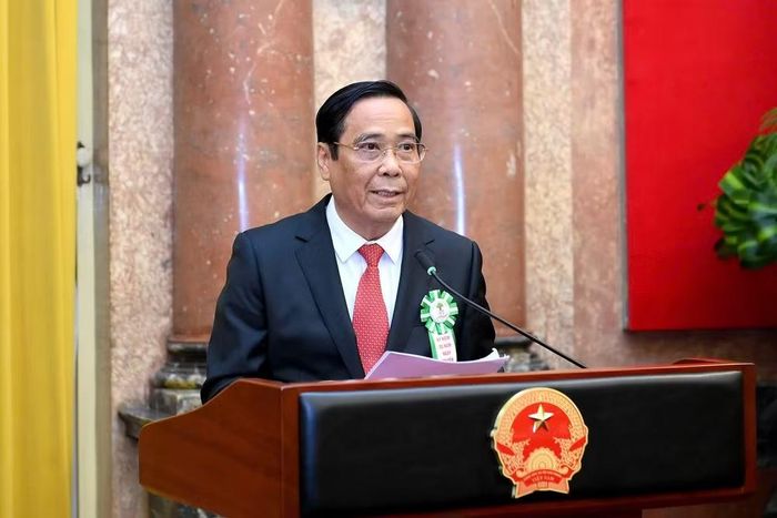 Chủ tịch Hội Người cao tuổi Việt Nam Nguyễn Thanh Bình phát biểu tại cuộc gặp mặt. (Ảnh: ĐĂNG KHOA)