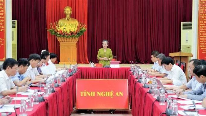 Đồng chí Võ Thị Minh Sinh, Phó Bí thư Tỉnh ủy Nghệ An phát biểu tại phiên làm việc với Ban Tổ chức Tỉnh ủy và các cơ quan liên quan. (Ảnh: THANH LÊ)