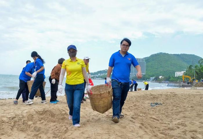 Đoàn viên thanh niên tham gia dọn lục bình ở Bãi trước, phường Vũng Tàu.