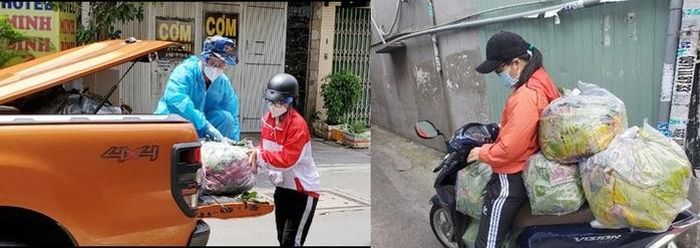 Tôi (áo đỏ) tiếp nhận trái cây từ chở từ Vĩnh Long lên TPHCM, rồi cùng bạn bè gửi đến bếp ăn dã chiến