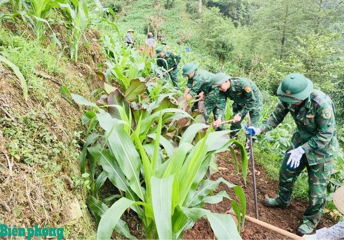 Không khí lao động hăng say của quân và dân trên công trường đường tuần tra biên giới. Ảnh: Hoàng Chính